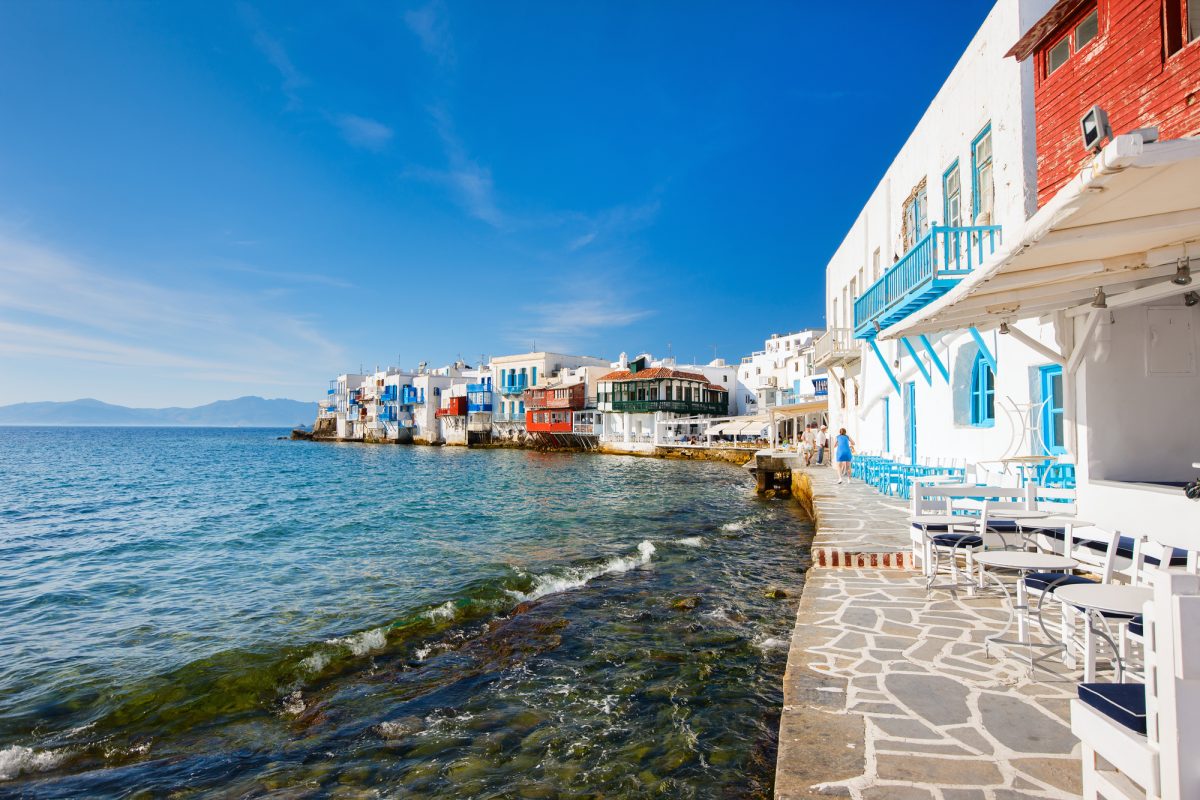 Little Venice popular tourist area at village on Mykonos island, Greece, Europe