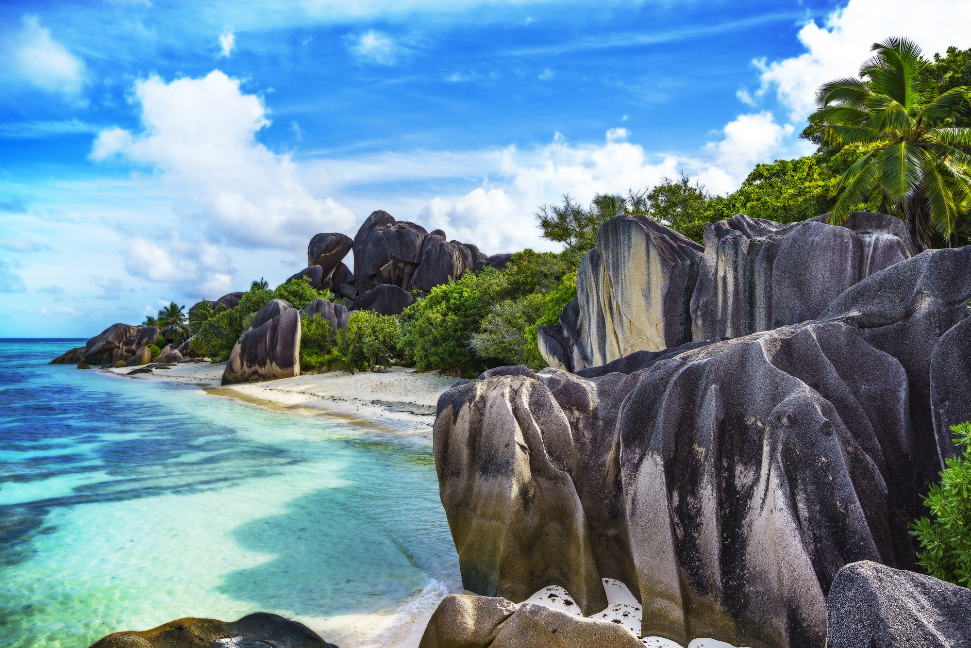 turquoise water, granite rocks and palm trees in the white sand of anse source d'argent on the seychelles
