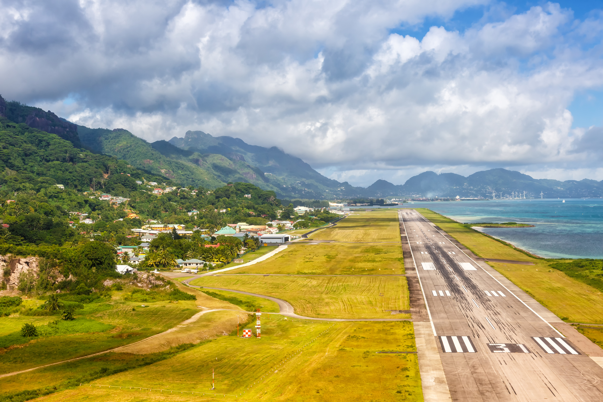 Mahe, Seychelles – February 8, 2020: Runway at Mahe airport (SEZ) in the Seychelles.