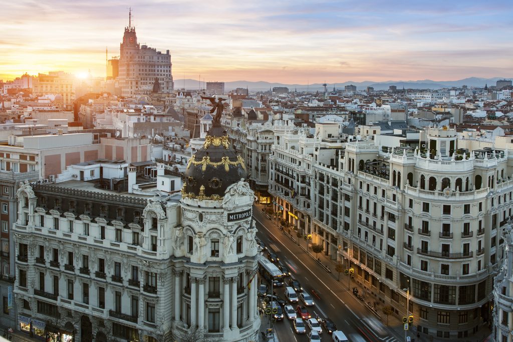 Spain, Skyline of Madrid with Metropolis Building and Gran Via