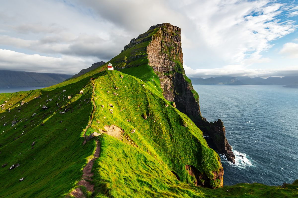 Kallur lighthouse on green hills of Kalsoy, Faroe Islands